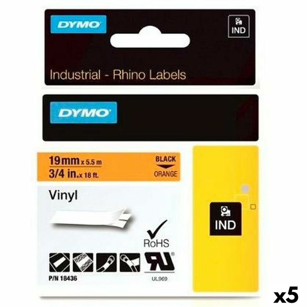 Cinta Laminada para Rotuladoras Rhino Dymo ID1-19 Negro Naranja 19 x 5,5 mm Autoadhesivas Vinilo (5 Unidades)