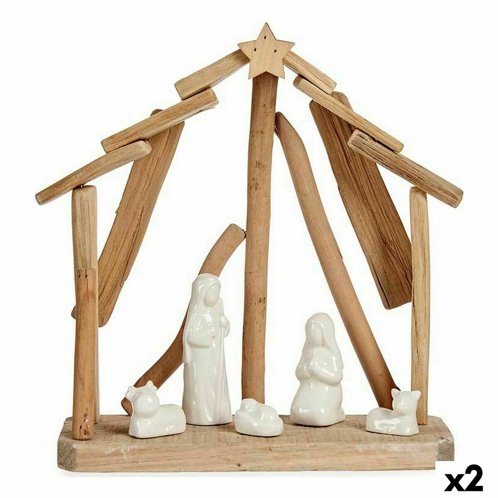 Belén de Navidad Cerámica Marrón Blanco 2 Unidades 25 x 28 x 10 cm Natural Madera (2 Unidades)