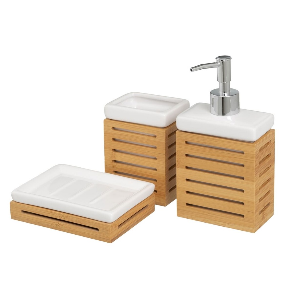Bath Set White Natural Ceramic Bamboo 25,5 x 7,5 x 23,5 cm 3 Pieces