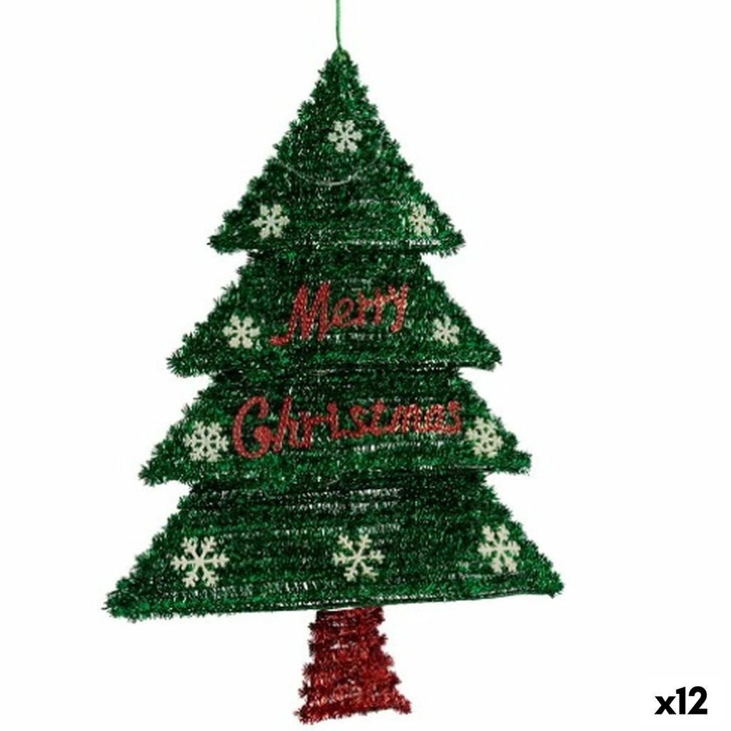 Adorno Navideño Colgante Árbol de Navidad Espumillón Luz LED Rojo Verde Polipropileno PET 44 x 58,8 x 7 cm (12 Unidades)