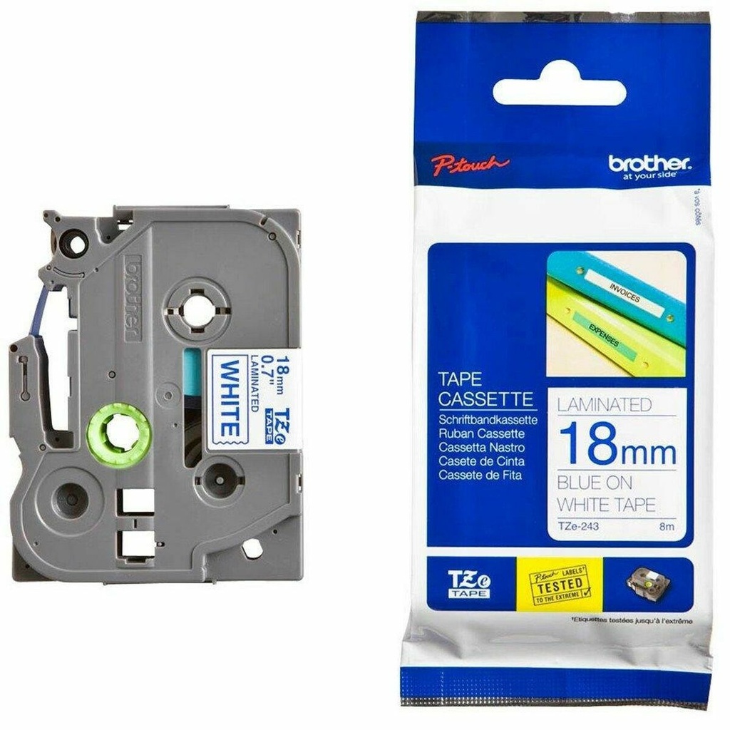 Cinta Laminada para Rotuladoras Brother TZE-243 Blanco 18mm