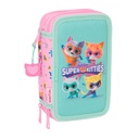 Triple Pencil Case SuperKitties Pink Turquoise 12,5 x 19,5 x 5,5 cm 37 Pieces