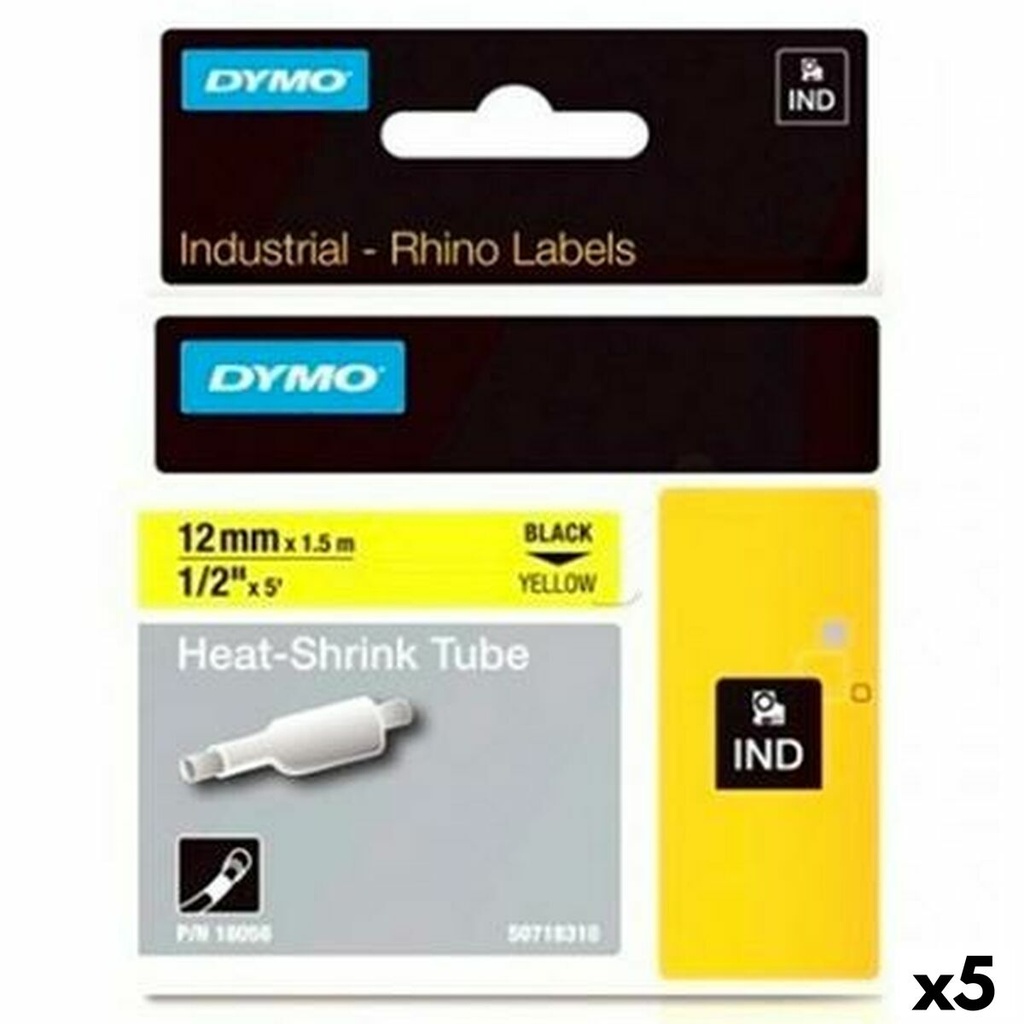 Cinta Laminada para Rotuladoras Rhino Dymo ID1-12 Amarillo Negro 12 x 1,5 mm (5 Unidades)