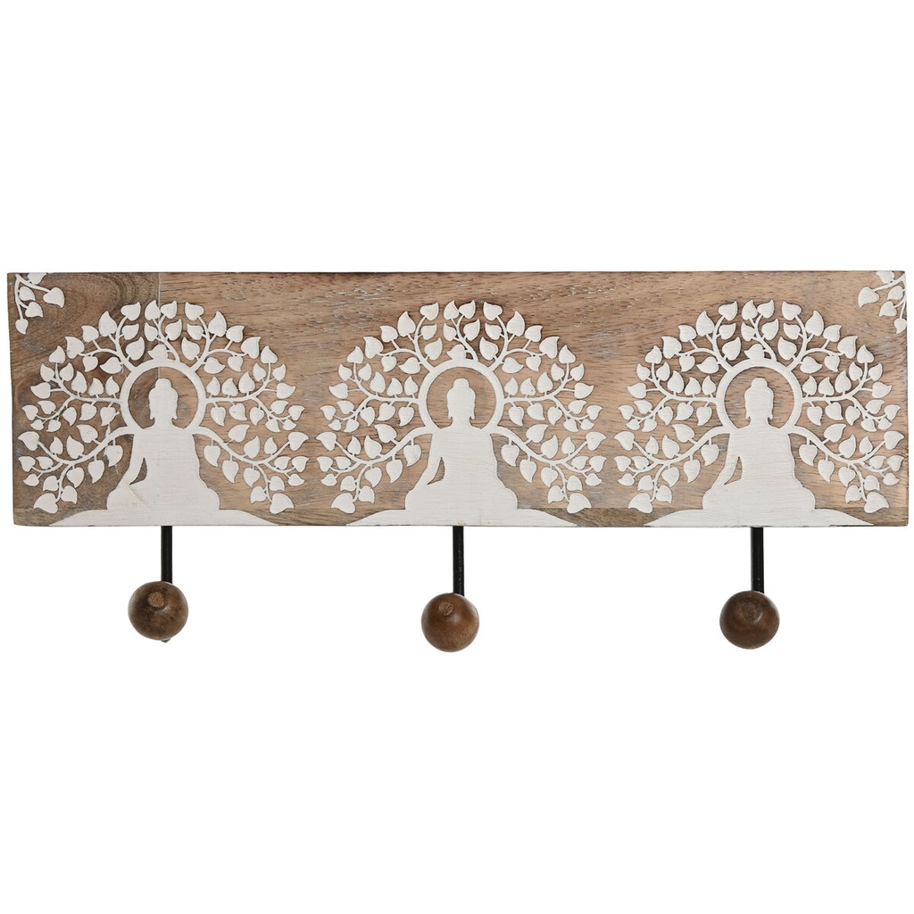 Perchero de Pared Home ESPRIT Blanco Negro Natural Metal Madera de mango Buda 38 x 5 x 16 cm