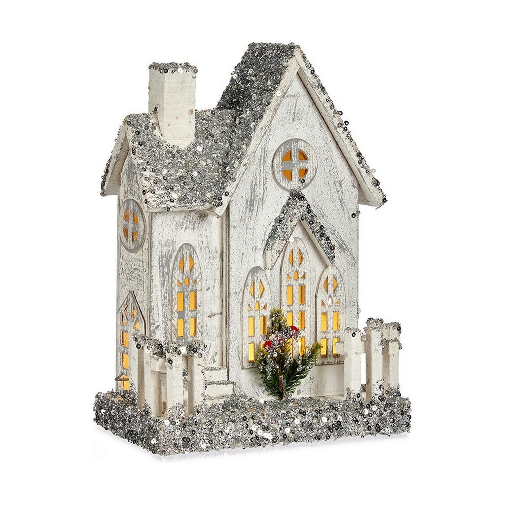 Decorative Figure Christmas Glitter LED Light House 24,5 x 32 x 12 cm Grey Wood White