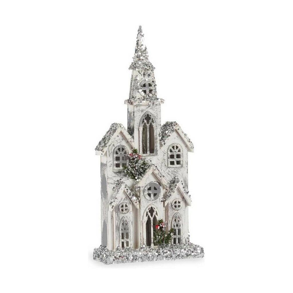 Figura Decorativa Navidad Purpurina Luz LED Casa 25,5 x 56,5 x 9,5 cm Gris Madera Blanco