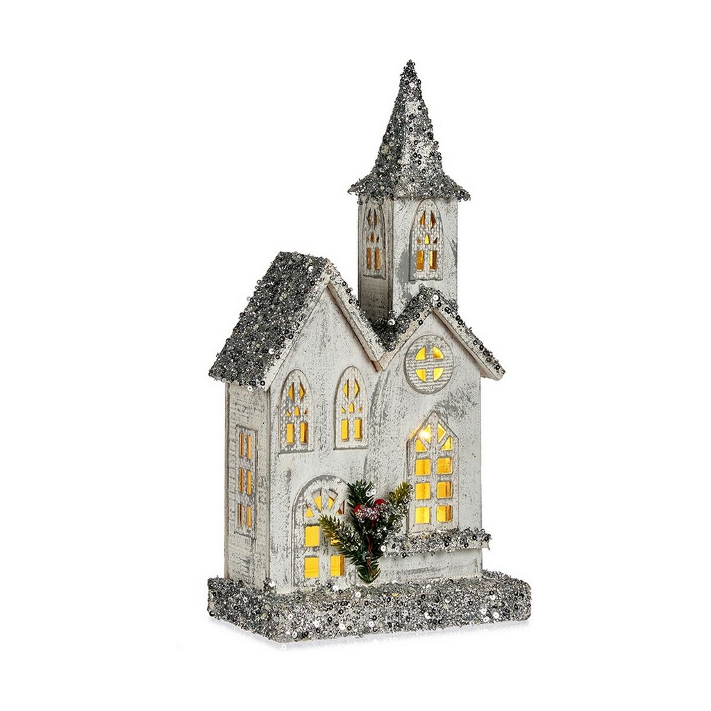 Figura Decorativa Navidad Purpurina Luz LED Casa 22 x 45 x 11 cm Gris Madera Blanco