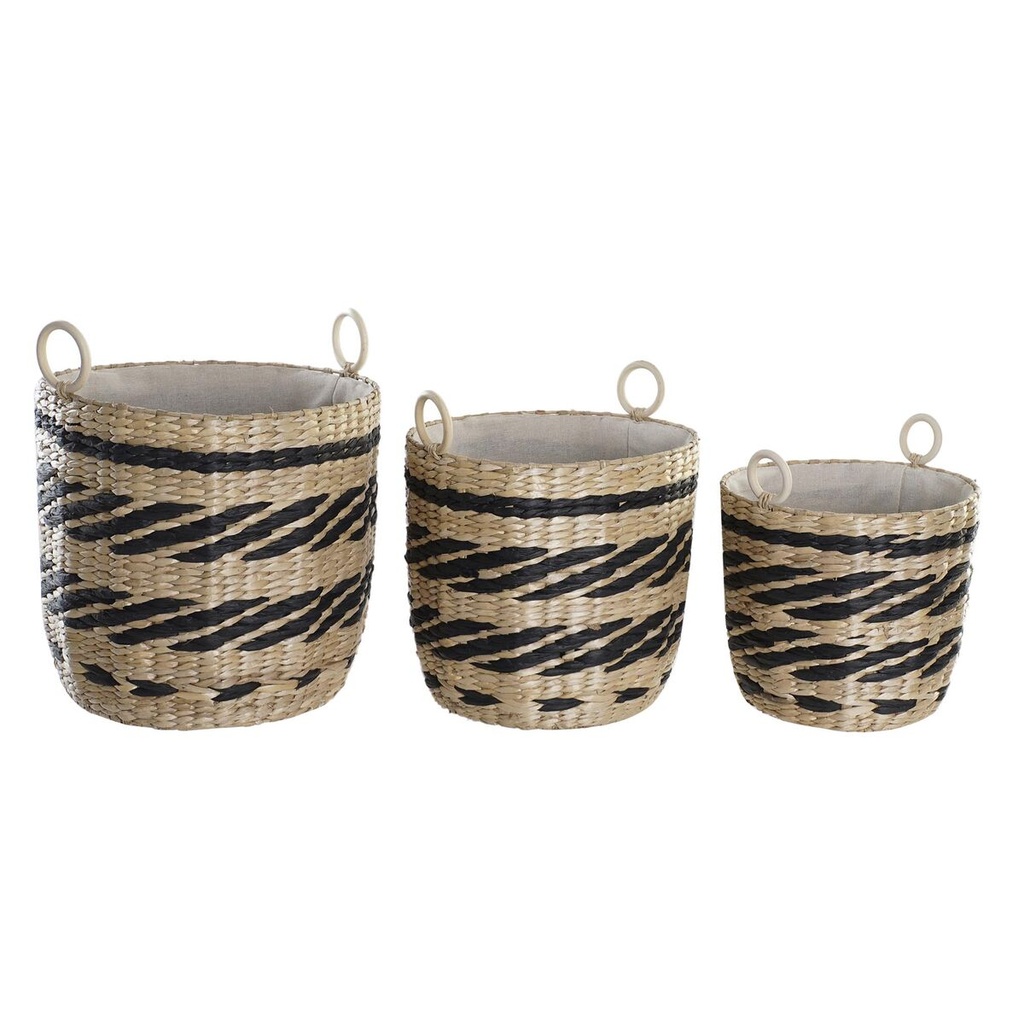 Basket set DKD Home Decor Black Natural Natural Fibre (3 Pieces) (3 Units)