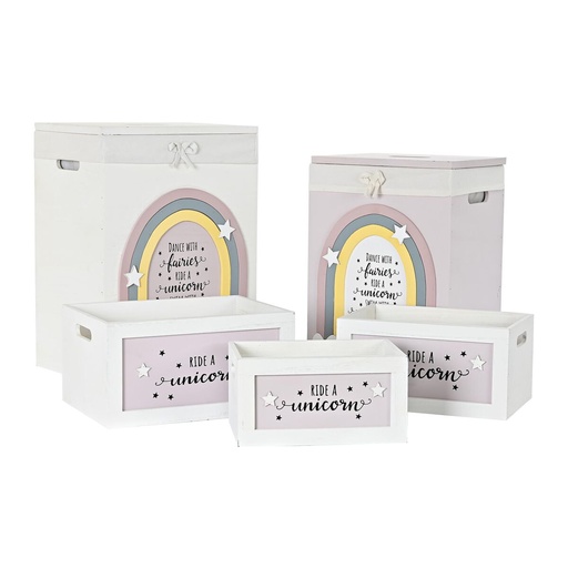 Set of Baskets DKD Home Decor Yellow White Grey Pink Paolownia wood Children's 40 x 30 x 55 cm 5 Pieces (5 Units)