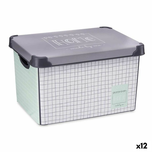 Caja de Almacenaje con Tapa Kipit Home Gris Plástico Cuadriculado 22 L 29 x 23,5 x 39 cm (12 Unidades)