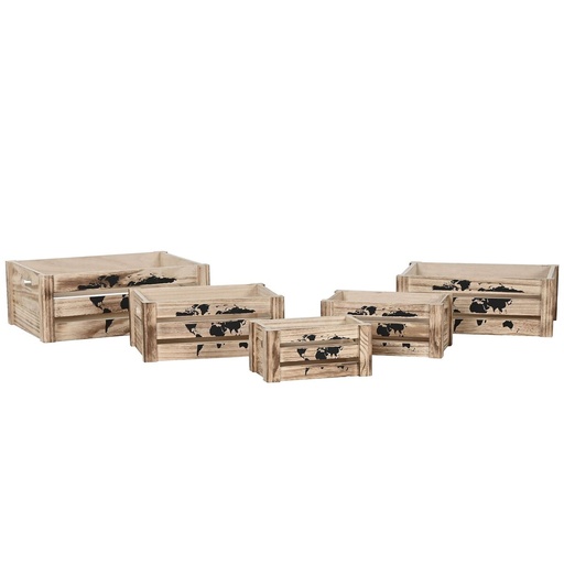 Juego de Cajas Decorativas Home ESPRIT Marrón Negro Madera de Paulonia Mapamundi 39 x 28 x 14,5 cm (5 Piezas)