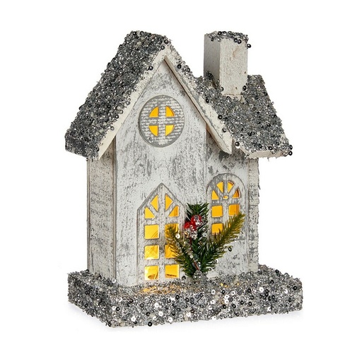 Figura Decorativa Casa Navidad Luz LED Purpurina Blanco Gris Madera 19,5 x 25 x 9 cm