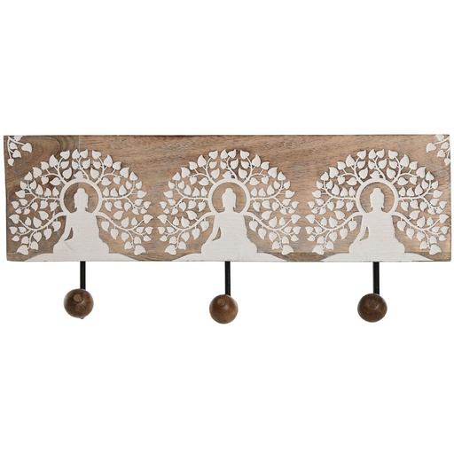 Perchero de Pared Home ESPRIT Blanco Negro Natural Metal Madera de mango Buda 38 x 5 x 16 cm