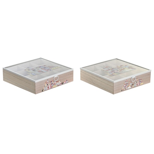 Caja para Infusiones DKD Home Decor Cristal Metal Multicolor Madera MDF (24,5 x 24,5 x 6 cm) (2 Unidades)