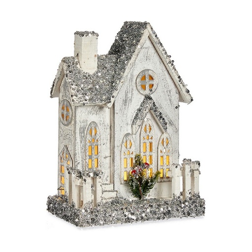 Figura Decorativa Navidad Purpurina Luz LED Casa 24,5 x 32 x 12 cm Gris Madera Blanco