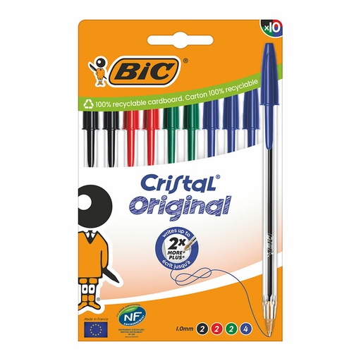 Set de Bolígrafos Bic Cristal Azul Negro Rojo Verde (10 Unidades)